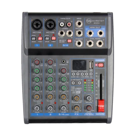front view image of the Sound Barrier MGX4U 4-channel mixing console with SBT Wireless Technology, 16 DSP effects, USB 2.0 Digital Media Player, and front-panel USB recording output