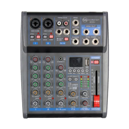 front view image of the Sound Barrier MGX4U 4-channel mixing console with SBT Wireless Technology, 16 DSP effects, USB 2.0 Digital Media Player, and front-panel USB recording output