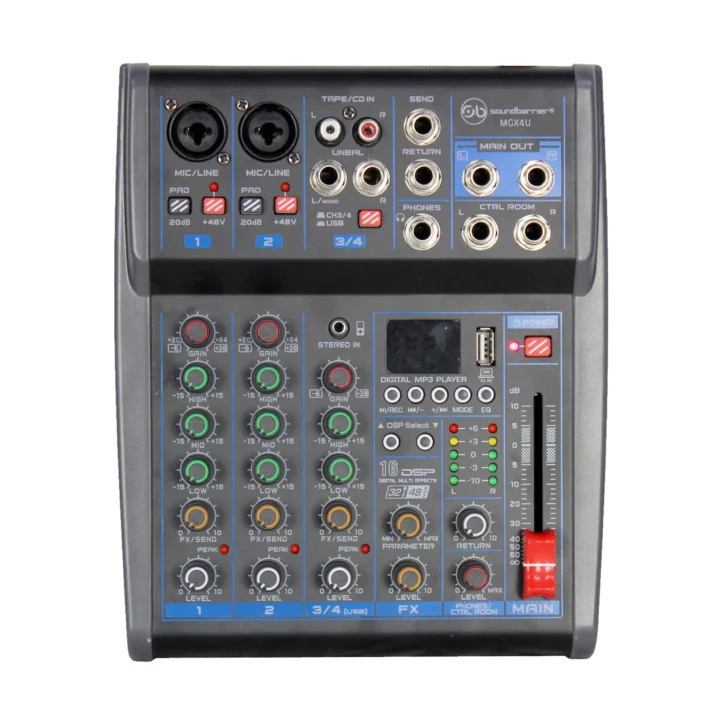 front view image of the Sound Barrier MGX4U 4-channel mixing console with SBT Wireless Technology, 16 DSP effects, USB 2.0 Digital Media Player, and front-panel USB recording output