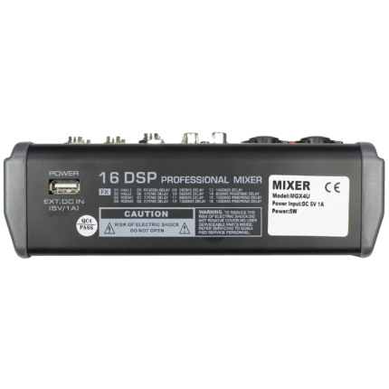 rear view image of the Sound Barrier MGX4U 4-channel mixing console with SBT Wireless Technology, 16 DSP effects, USB 2.0 Digital Media Player, and front-panel USB recording output