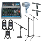 The Drum Set Coach Practice Package featuring a SoundBarrier MGX6U mixing console, a silver microphone, two black microphones, three JamStands microphone stands, and four audio cables.