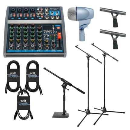 The Drum Set Coach Practice Package featuring a SoundBarrier MGX6U mixing console, a silver microphone, two black microphones, three JamStands microphone stands, and four audio cables.