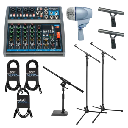 The Drum Set Coach Practice Package featuring a SoundBarrier MGX6U mixing console, a silver microphone, two black microphones, three JamStands microphone stands, and four audio cables.