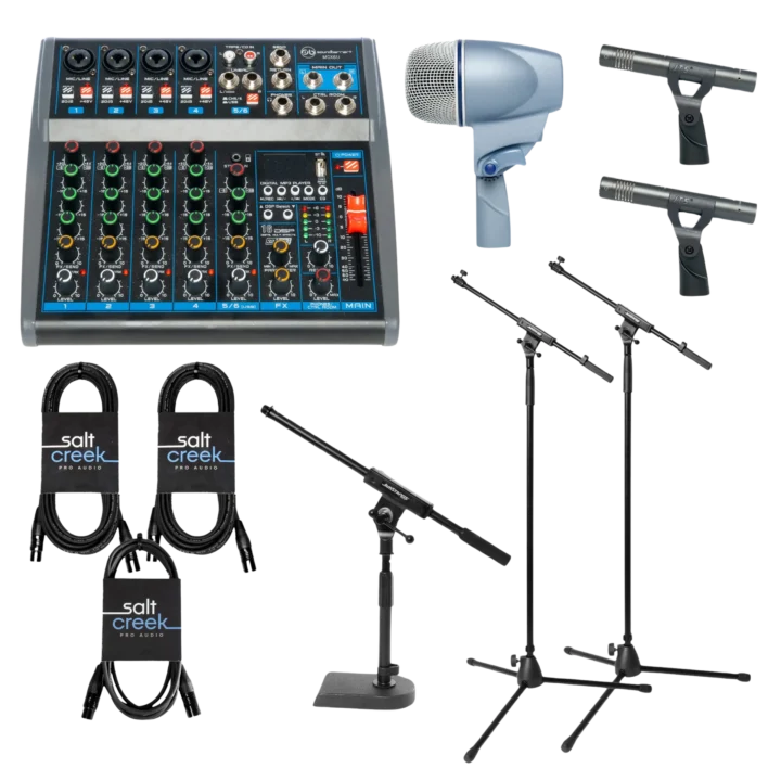 The Drum Set Coach Practice Package featuring a SoundBarrier MGX6U mixing console, a silver microphone, two black microphones, three JamStands microphone stands, and four audio cables.
