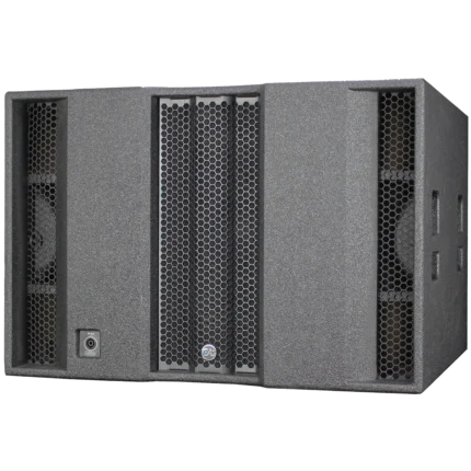 Angled view of the Sound Barrier SWX121 subwoofer showing enclosure design and porting