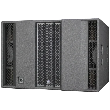 Angled view of the Sound Barrier SWX121 subwoofer showing enclosure design and porting