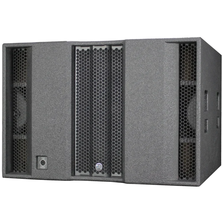 Angled view of the Sound Barrier SWX121 subwoofer showing enclosure design and porting