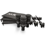 AUD 3-piece drum microphone package showing microphone capsules and mounting hardware detail