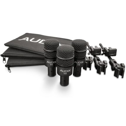 AUD 3-piece drum microphone package showing microphone capsules and mounting hardware detail