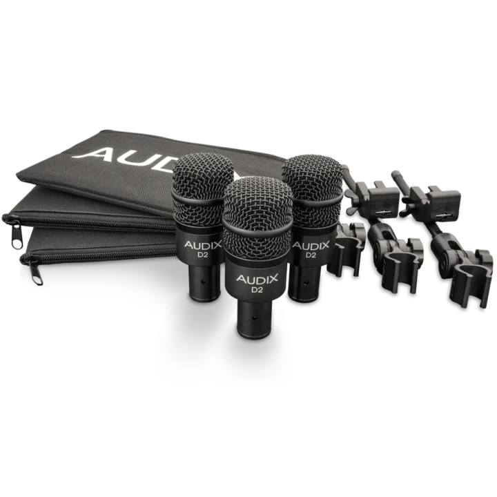 AUD 3-piece drum microphone package showing microphone capsules and mounting hardware detail