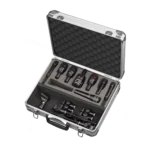 AUD 4-piece drum microphone package showing microphone capsule and connector detail