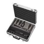 AUD 4-piece drum microphone package showing all included microphones and accessories arranged together