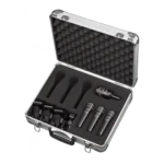 AUD 4-piece drum microphone package showing all included microphones and accessories arranged together