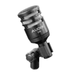 AUD 4-piece drum microphone package showing all included microphones and accessories laid out