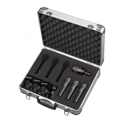 AUD 4-piece drum microphone package showing all included microphones and accessories arranged together