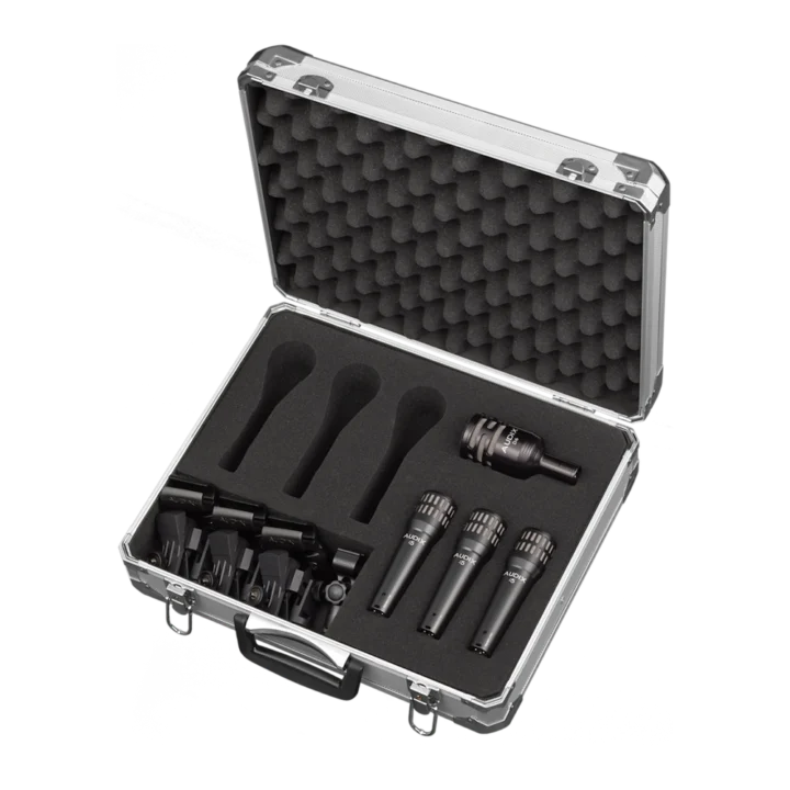 AUD 4-piece drum microphone package showing all included microphones and accessories arranged together