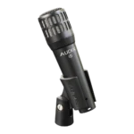 AUD 4-piece drum microphone package showing microphone capsules and mounting hardware detail