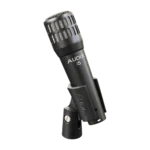 AUD 4-piece drum microphone package mounted on drum kit with kick, tom, and overhead placement