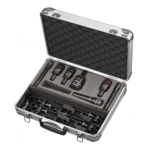AUD 7-piece drum microphone package showing microphone capsules and accessories detail