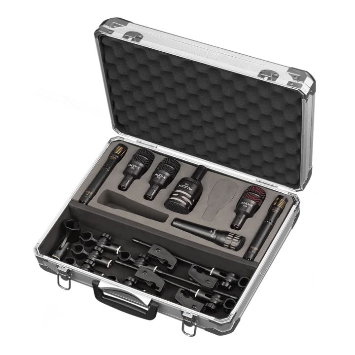 AUD 7-piece drum microphone package showing microphone capsules and accessories detail