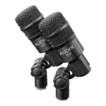 AUD 7-piece drum microphone package dimensional diagram showing mic placement and specifications
