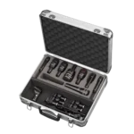 AUD 8-piece drum microphone package showing all included microphones and accessories laid out