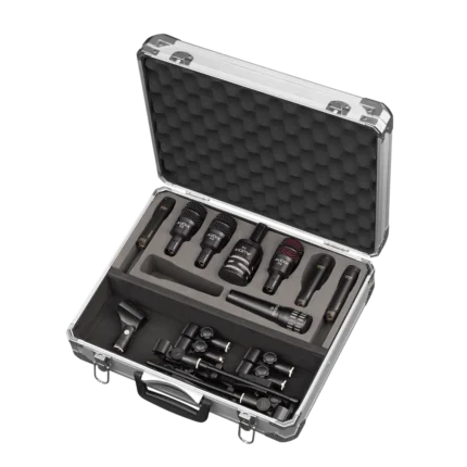 AUD 8-piece drum microphone package showing all included microphones and accessories laid out