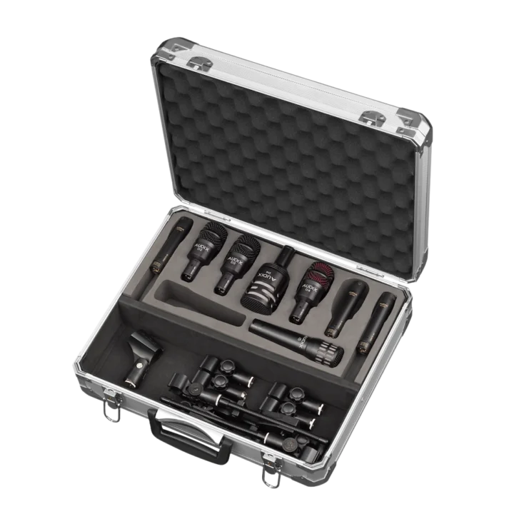AUD 8-piece drum microphone package showing all included microphones and accessories laid out
