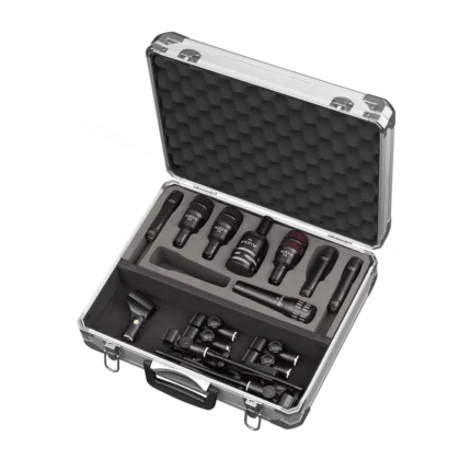 AUD 8-piece drum microphone package showing microphone capsules and mounting hardware detail