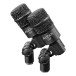 AUD 8-piece drum microphone package dimensional diagram showing mic placement and specifications