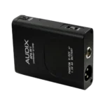 AUD AA battery phantom power adapter showing connector terminals and power input details