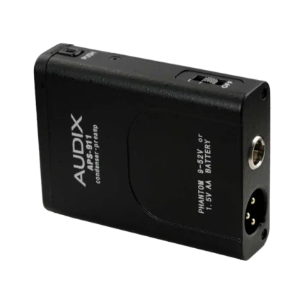 AUD AA battery phantom power adapter showing connector terminals and power input details