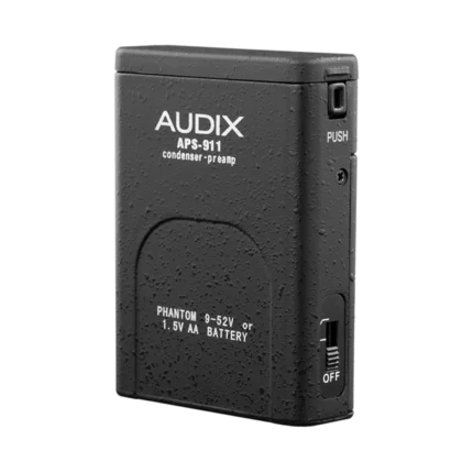 AUD AA battery phantom power adapter showing input/output connectors and control switches
