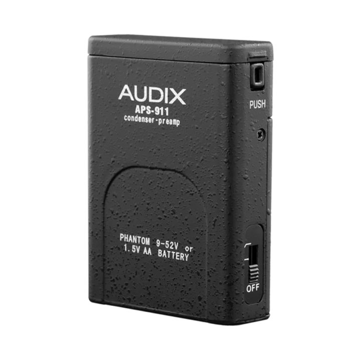 AUD AA battery phantom power adapter showing input/output connectors and control switches