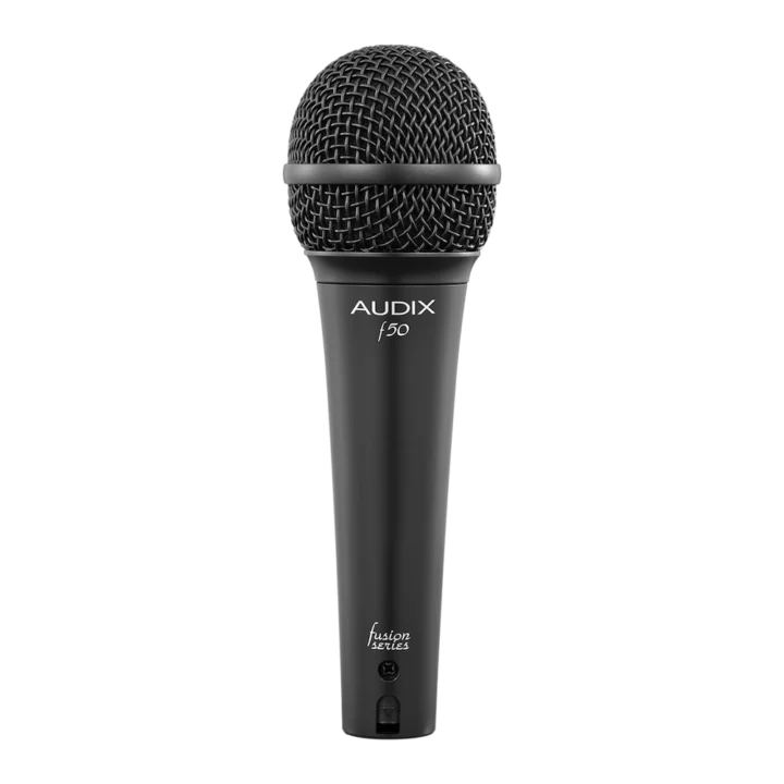 AUD AX F50 affordable vocal microphone shown from side angle with grille and body detail