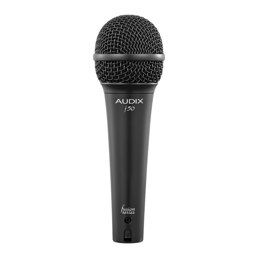 AUD AX F50S Vocal Microphone Side Profile View AUD AX F50S affordable vocal microphone shown from side angle with grille and body detail
