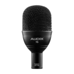 AUD AX F6 dynamic microphone shown from side angle, displaying capsule and body design
