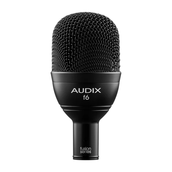 AUD AX F6 dynamic microphone shown from side angle, displaying capsule and body design