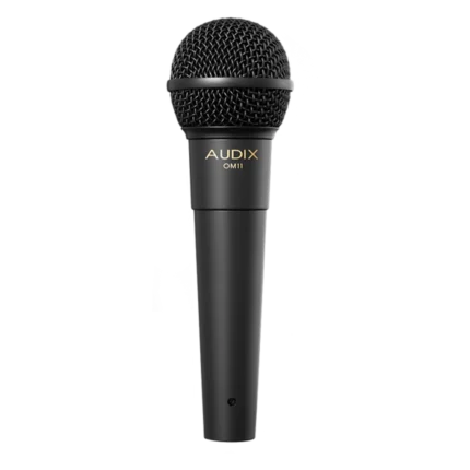 AUD AX OM11 professional dynamic vocal microphone shown from side angle with grille detail