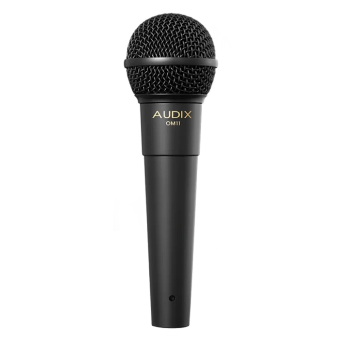 AUD AX OM11 professional dynamic vocal microphone shown from side angle with grille detail