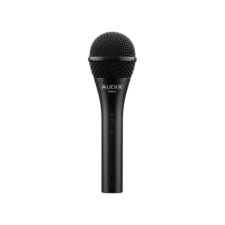 AUD AX OM3S multi-purpose dynamic microphone shown from side angle with grille and body detail