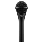 AUD AX OM5 professional dynamic vocal microphone shown from side angle with grille detail
