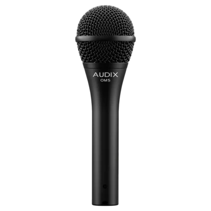 AUD AX OM5 professional dynamic vocal microphone shown from side angle with grille detail