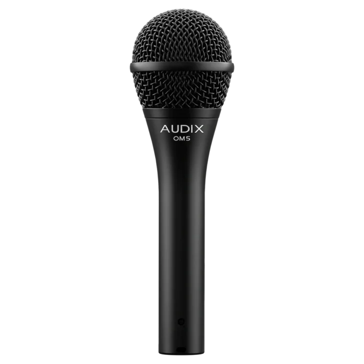 AUD AX OM5 professional dynamic vocal microphone shown from side angle with grille detail