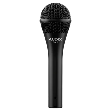 AUD AX OM7 professional dynamic vocal microphone shown from side angle with grille and body detail