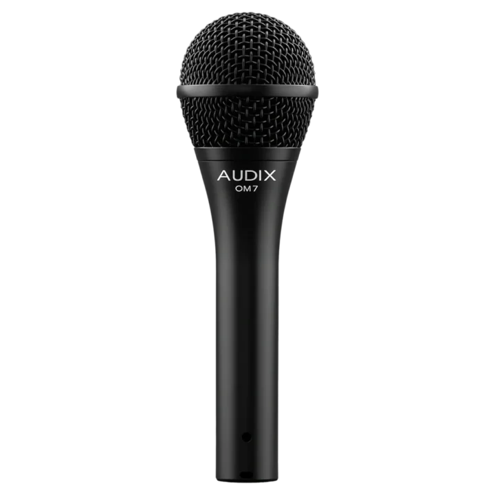 AUD AX OM7 professional dynamic vocal microphone shown from side angle with grille and body detail