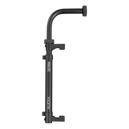 AUD compact microphone clamp mounted on guitar amplifier cabinet showing adjustable grip mechanism