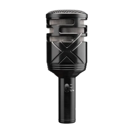 AUD dynamic kick drum microphone shown from side angle with capsule and grille detail