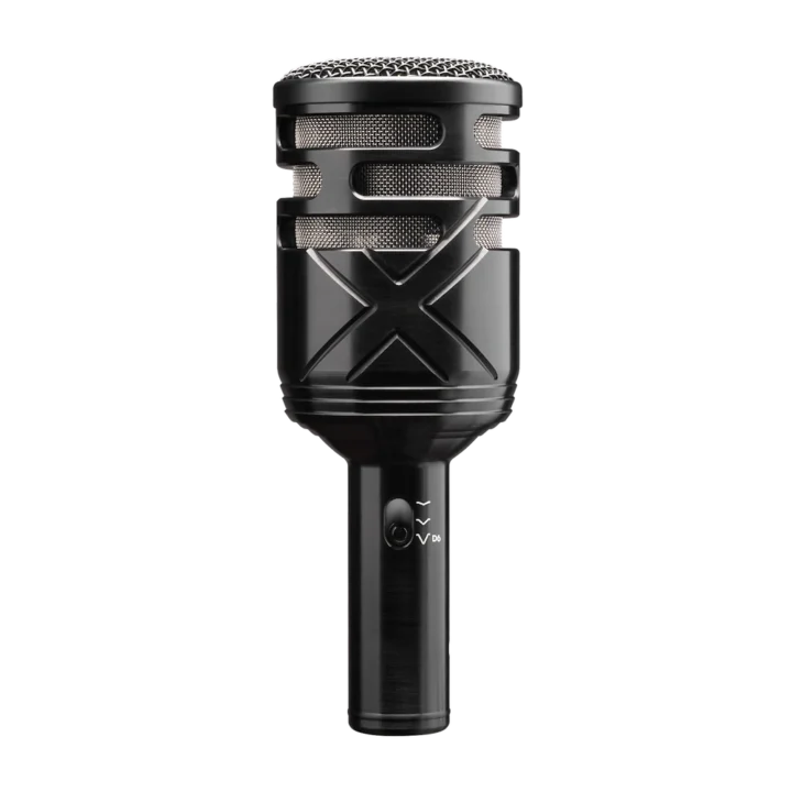 AUD dynamic kick drum microphone shown from side angle with capsule and grille detail