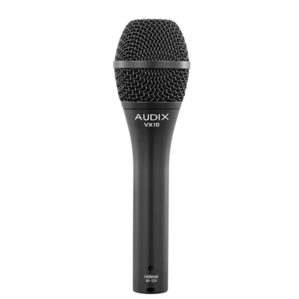 AUD Elite condenser vocal microphone shown from side angle displaying capsule and body design